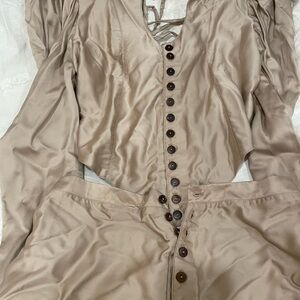 Champagne Button-Up Ruffle Blouse and Skirt Set